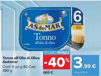 Carrefour Market Às do Mar Tonno all'olio di oliva 6 pz 80 g Cad. 480 g offerta