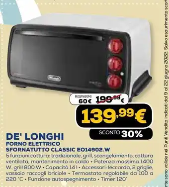 Euronics De' longhi forno elettrico sfornatutto classic eo14902.w offerta