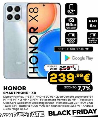 Euronics Honor smartphone - x8 offerta