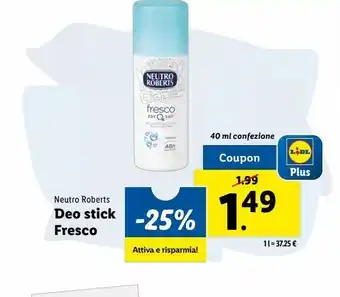 Lidl Deo stick fresco neutro roberts 40 ml offerta