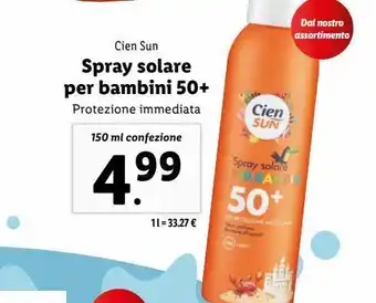 Lidl Spray solare per bambini 50+ cien sun 150ml offerta