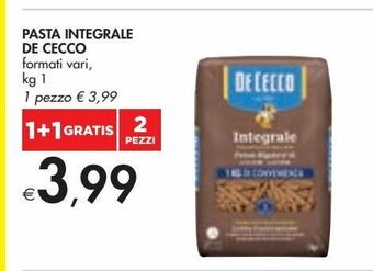 Bennet Pasta integrale de cecco formati vari kg 1 offerta
