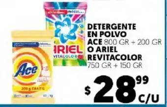 Detergente En Polvo Ace 800 gr + 200 gr o Ariel Revitacolor 750 gr + 150 gr