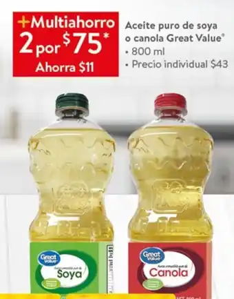 Walmart Express Aceite puro de soya o canola Great Value oferta