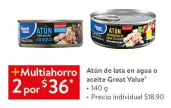 Atun de lata en agua o aceite Great Value 140g