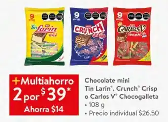 Walmart Express Chocolate mini Tin Larin, Crunch Crisp o Carlos V Chocogalleta 108g oferta