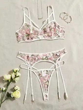 SHEIN Set de lencería con bordado floral de malla con aro con liga oferta