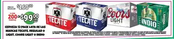 Cerveza 12 Pack Lata de Las Marcas Tecate, Regular o Light, Coors Light o Indio