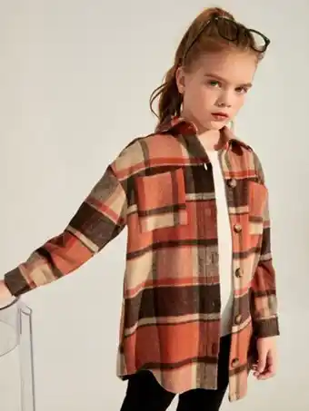 SHEIN Shein niñas abrigo de cuadros con doble bolsillo de hombros caídos tweed oferta