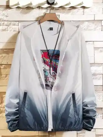 SHEIN Shein hombres cazadora con cremallera de ombré con estampado con capucha oferta