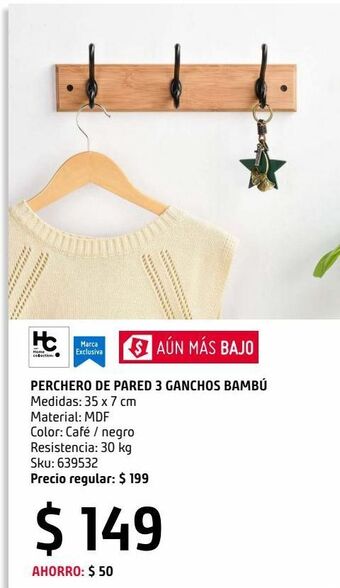 Sodimac Homecenter Perchero pared 3 ganchos bambú oferta