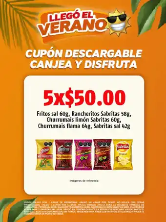 OXXO Fritos sal 60g, Rancheritos Sabritas 58g, Churrumais limon Sabritas 60g, Churrumais Flama 64g, Sabritas sal 42g oferta