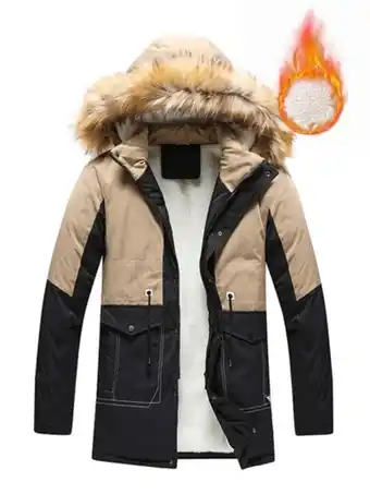 Hombres abrigo de invierno de dos tonos de cintura con cordón teddy forro de peluche ribete con capucha