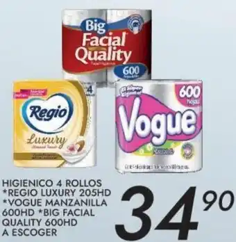Higienico 4 Rollos Regio Luxury 205HD Vogue Manzanilla 600HD Big Facial Quality 600HD