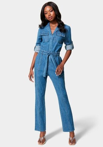 Lightweight denim cargo style straight leg jumpsuit