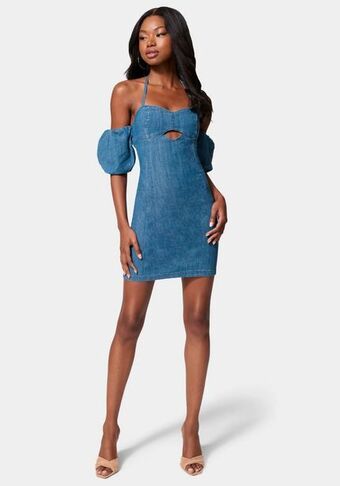 Bebe Off shoulder bubble sleeve denim dress oferta