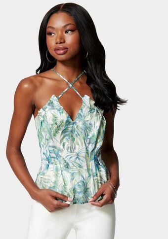 Bebe Printed sequin chiffon cross neck blouse oferta