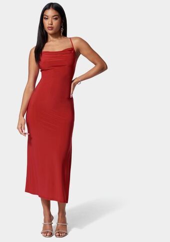 Bebe Cowl neck spaghetti strap slit maxi oferta