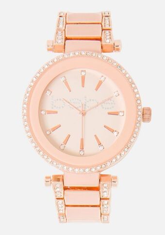 Pink enamel and crystal bebe logo watch