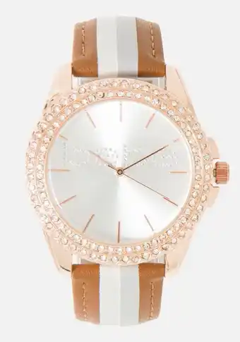 Brown crystal bebe logo stripe band watch