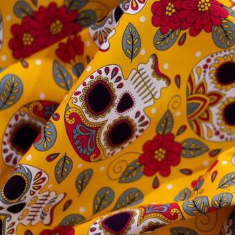 Algodón estampado digital día de muertos | cráneos fondo amarillo