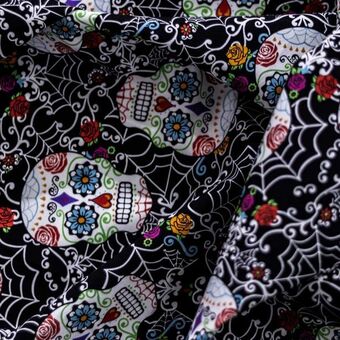 Algodón estampado digital día de muertos | calaveras y telarañas