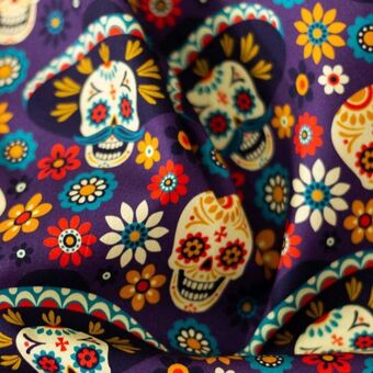 Telas Junco Algodón estampado digital día de muertos | cráneos sombreros colores oferta