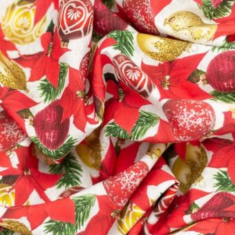 Telas Junco Karma estampado navideño | esferas y nochebuenas oferta