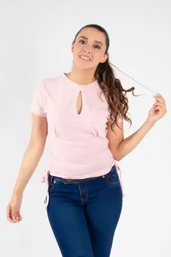Santory Blusa lisa manga corta con detalle de gota en escote oferta
