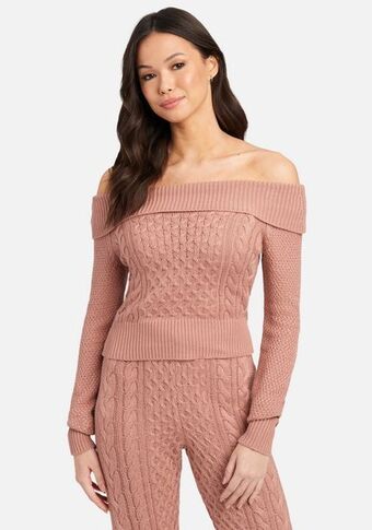 Bebe Off shoulder cable knit sweater top oferta