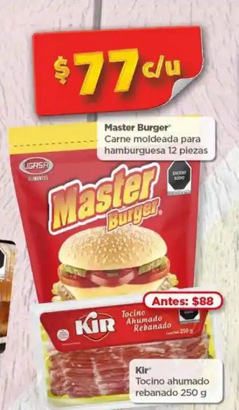Bodega Aurrerá Master Burger Carne moldeada para hamburguesa 12 piezas / Kir Tocino ahumado rebanado 250g oferta