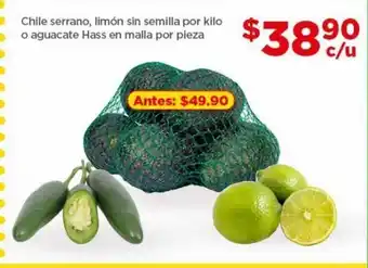 Bodega Aurrerá Chile serrano, limón sin semilla por kilo o aguacate Hass en malla por pieza oferta