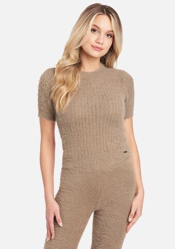 Bebe Soft yarn open knit short sleeve sweater top oferta