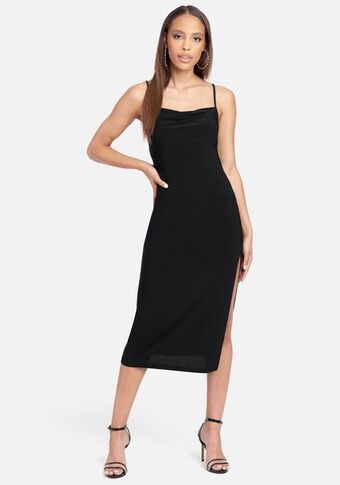 Bebe Cowl neck spaghetti strap slit maxi oferta