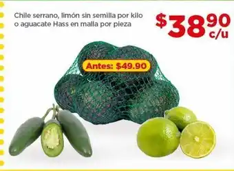 Bodega Aurrerá Chile serrano, limón sin semilla por kg o aguacate hass en malla por pieza oferta