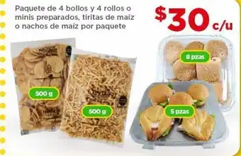 Bodega Aurrerá Paquete de 4 bollos y 4 rollos o minis preparados, tiritas de maiz oferta