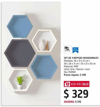 Sodimac Homecenter Set de 3 repisas hexagonales blanca, gris y azul oferta