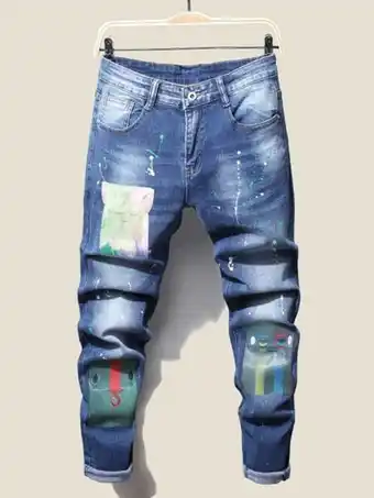 SHEIN Hombres jeans salpicaduras de tinta con estampado de bolso oferta