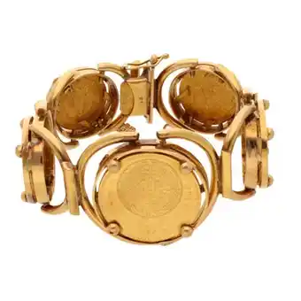 Nacional Monte de Piedad Pulsera eslabón articulado con cinco monedas de oro mexicano 21.6 kilates y oro amarillo 18 kilates. oferta