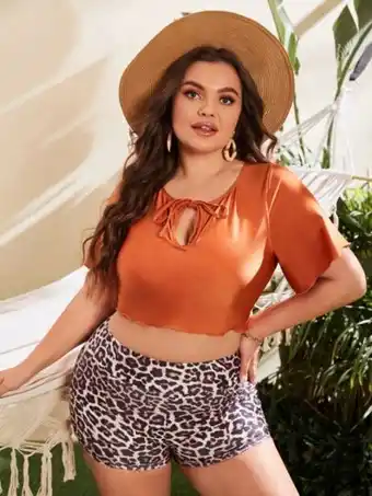 SHEIN Bañador bikini de leopardo con cordón delantero con manga corta oferta