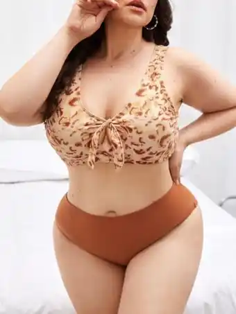 SHEIN Bañador bikini de leopardo con nudo delantero de talle alto oferta