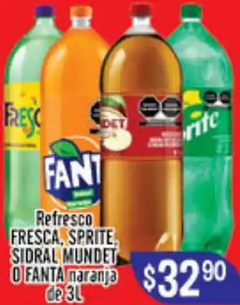 Refresco Fresca, Sprite Sidral Mundet o Fanta Maranja de 3L