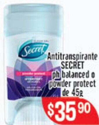 Antitranspirante Secret ph Balanced o Powder Protect de 45g