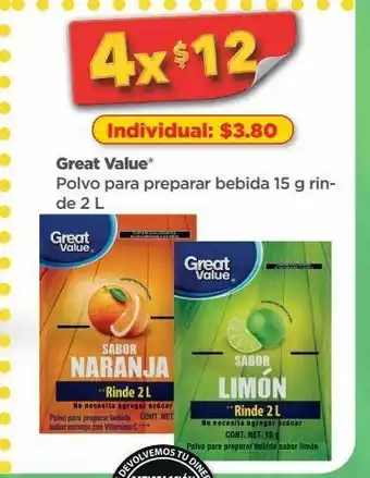 Bodega Aurrerá Polvo para preparar bebida 15g great value x4 oferta