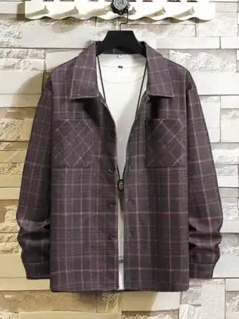 SHEIN Romwe hombres abrigo de cuadros con botón delantero con bolsillo oferta