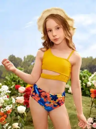 SHEIN Niñas bañador bikini floral al azar con estampado con abertura de cuello asimétrico oferta