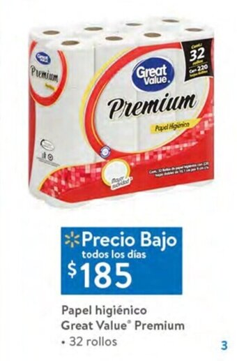 Walmart Papel higienico Great Value Premium 32 rollos oferta