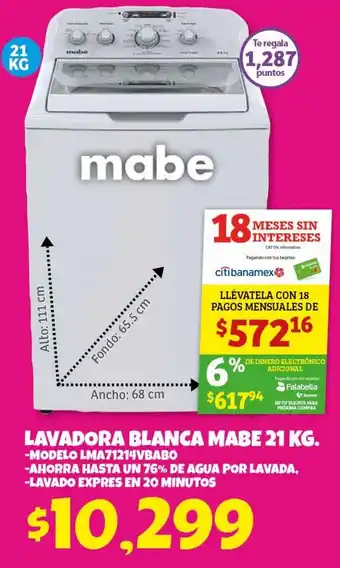 Soriana Híper Lavadora Blanca Mabe 21kg oferta