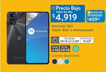 Walmart Motorola G22 Telcel, Bait o desbloqueado oferta