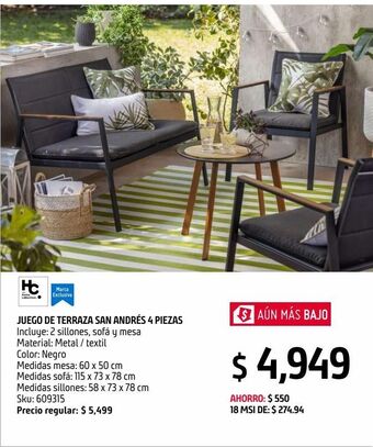 Sodimac Homecenter Juego living terraza san andrés 4 piezas metal negro oferta